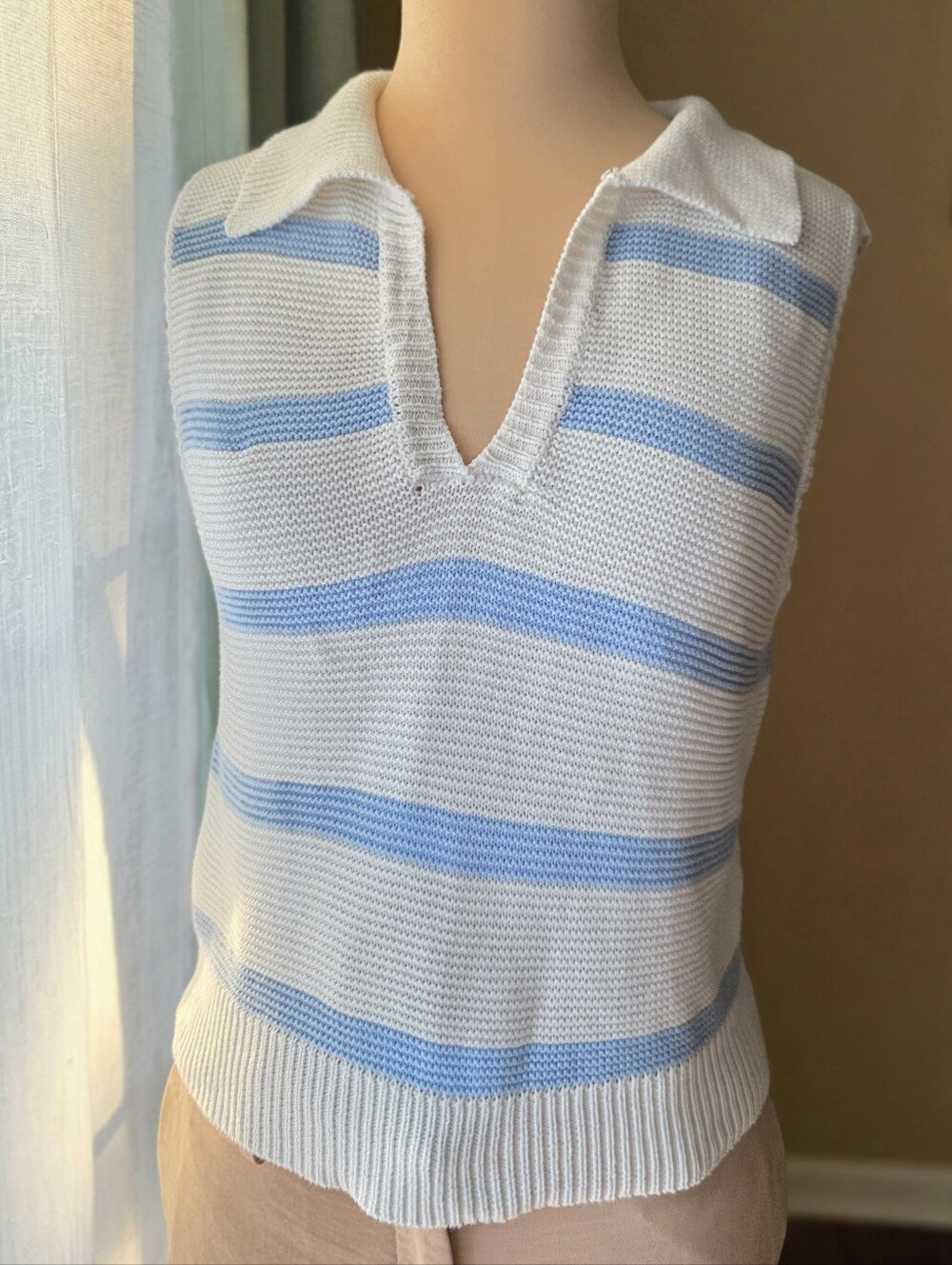 Striped Cotton Sweater Vest XS Blue White  Collared Knit Top Dreamers by Debut